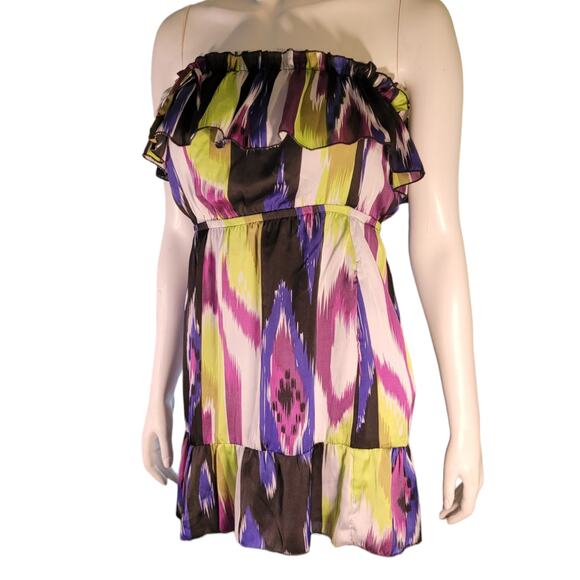 2B Bebe Graphic Neon Ruffle Strapless Mini Dress XS Y2K Bright Party Cute Fun - Picture 8 of 10